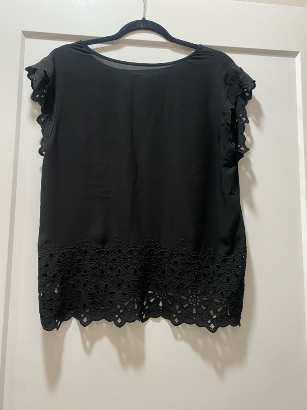 Black Crochet Hem Cap-Sleeve Top